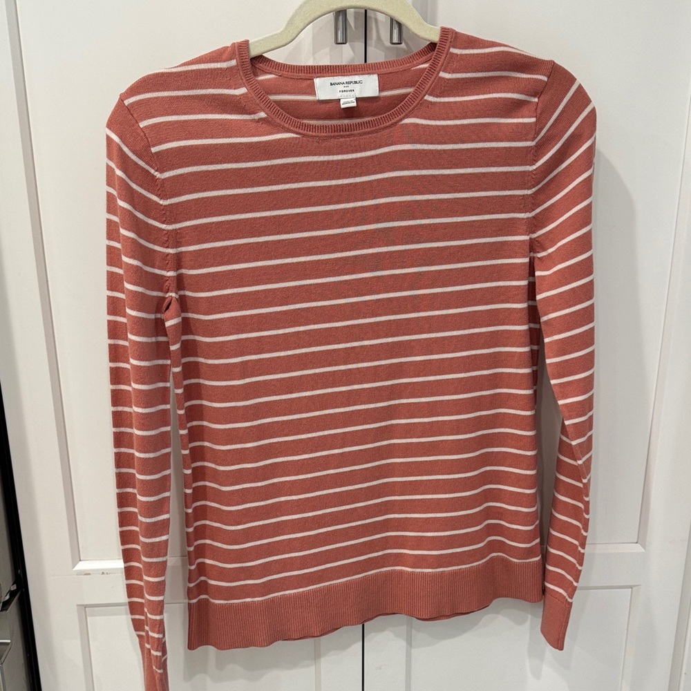 Banana Republic Coral and White Striped Scoop Crewneck Sweater